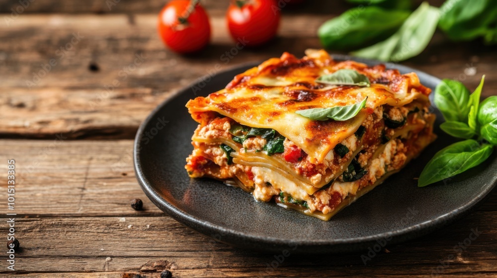 Slice of Savory Vegetable Lasagna Served on a Plate with Fresh Basil on the Side on a Wooden Table Slice of Savory Vegetable Lasagna Served on a Plate with Fresh Basil on the Side on a Wooden Table