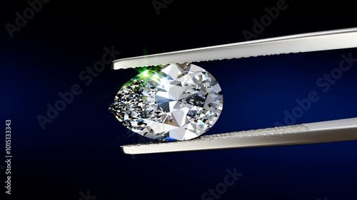 Pear cut diamond swaying slightly in tweezers on black and dark blue background. Seamless loop 3D animation