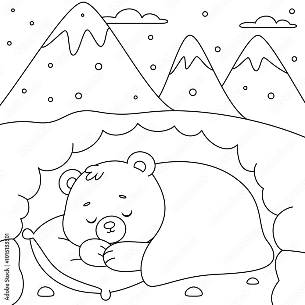 Hibernating Bear in a Cave Outline Coloring Page. Christmas and Winter Illustration