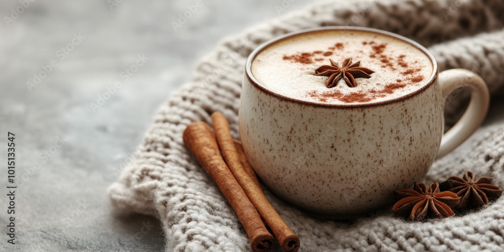 Spiced Chai Latte Served in a Beautiful Mug with Cinnamon Sticks and Star Anise on a Cozy Table Spiced Chai Latte Served in a Beautiful Mug with Cinnamon Sticks and Star Anise on a Cozy Table