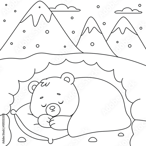 Obraz na płótnie Hibernating Bear in a Cave Outline Coloring Page. Christmas and Winter Illustration w salonie