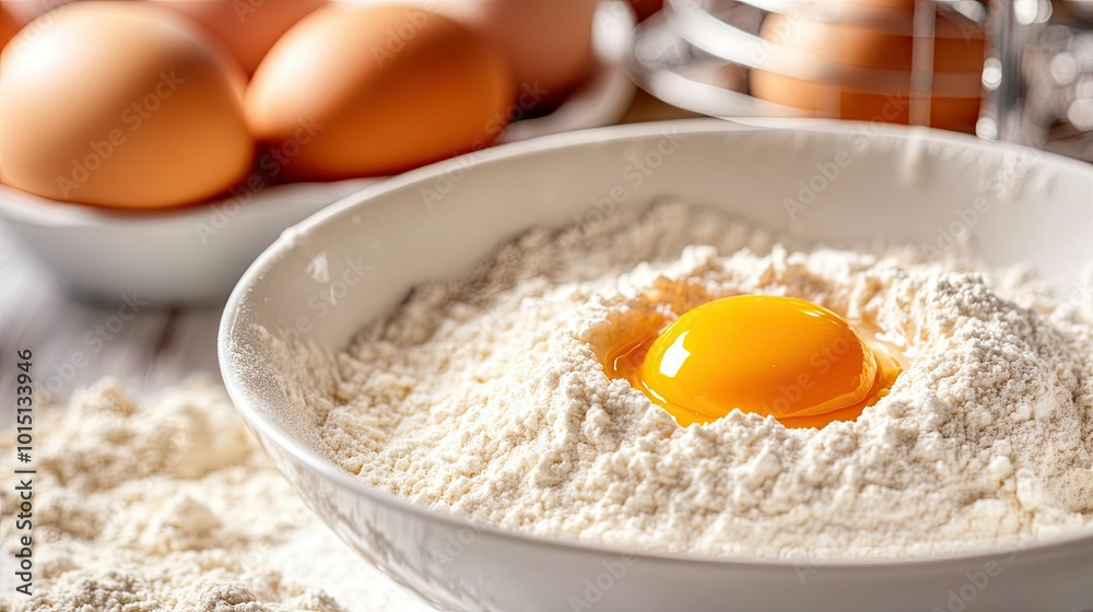A close-up of a bowl showing flour and a perfectly placed egg yolk, with a soft focus on the background of a busy kitchen filled with baking essentials. A close-up of a bowl showing flour and a perfectly placed egg yolk, with a soft focus on the background of a busy kitchen filled with baking essentials.