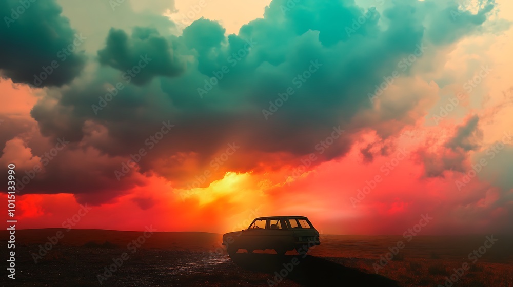 A Silhouetted Car Against a Dramatic Sunset Sky A Silhouetted Car Against a Dramatic Sunset Sky