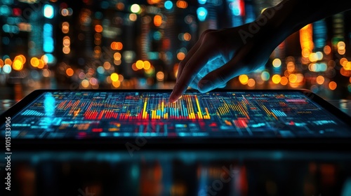 A hand interacts with a tablet displaying a vibrant data visuali photo