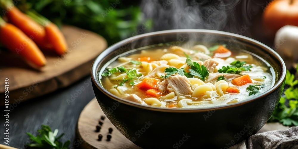 Steaming Bowl of Chicken Noodle Soup with Fresh Herbs and Vegetables on a Cozy Kitchen Table Steaming Bowl of Chicken Noodle Soup with Fresh Herbs and Vegetables on a Cozy Kitchen Table