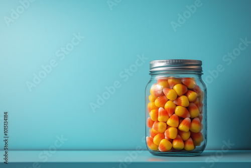 Glass jar filled with colorful candy corn isolated on blue background with copy space, Halloween holiday treats 