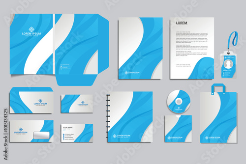 Promotional souvenirs with Blue Brand Identity design concept on stationery. Stationery branding mock-up template. Brand presentation mock-up set. Promotion AD banner design. Editable vector
