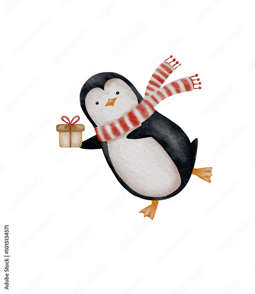 Fototapeta premium Colorful Celebration: Whimsical Penguin in Watercolor for Playful New Year and Holiday Decor