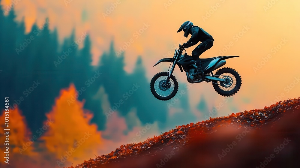 Naklejka premium Rider catching air above a colorful autumn forest, red and orange leaves below, motocross, autumn, jump