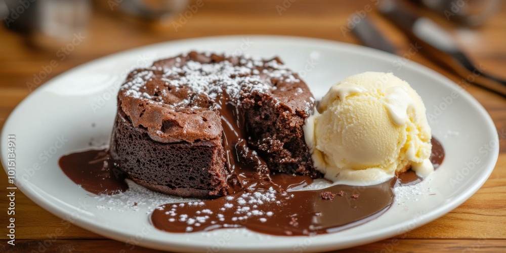 Warm Chocolate Lava Cake with a Scoop of Vanilla Ice Cream on a Dessert Plate Warm Chocolate Lava Cake with a Scoop of Vanilla Ice Cream on a Dessert Plate