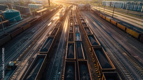 Aerial View of Coal-Filled Freight Cars on a Railroad Track