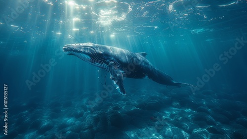 A simple, elegant silhouette of a whale swimming against a vast, empty ocean, with the whale rendered in a single, solid color