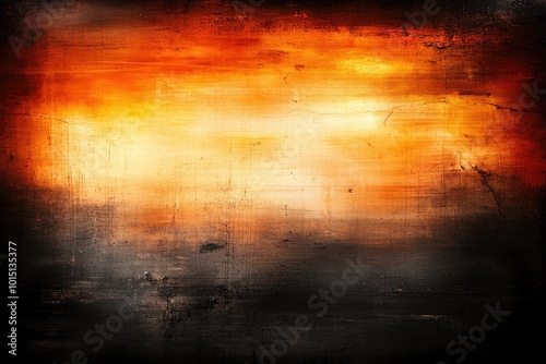 A painting of a burnt orange background with a black and white foreground