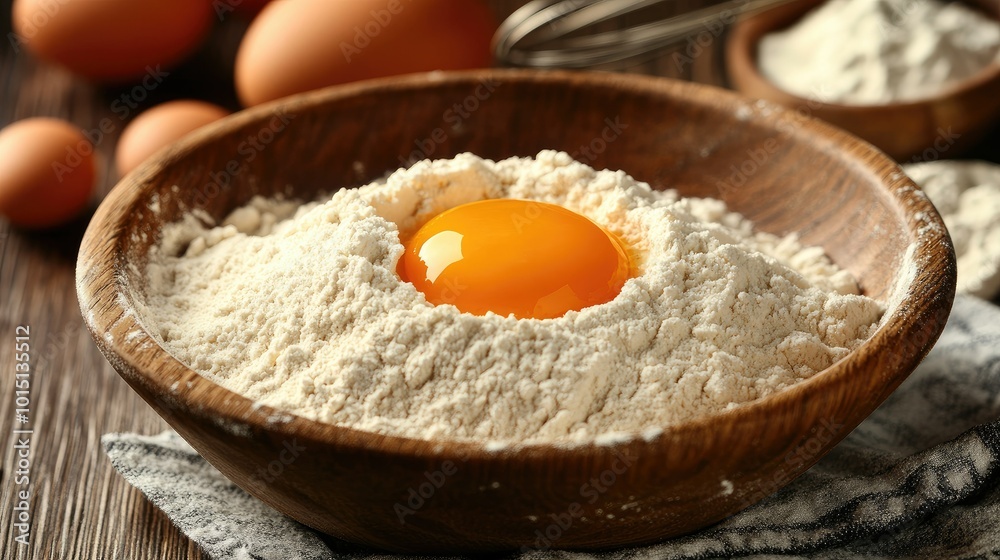 A side view of flour in a bowl with a vibrant egg yolk resting in the center, with a whisk and scattered baking ingredients in the background. A side view of flour in a bowl with a vibrant egg yolk resting in the center, with a whisk and scattered baking ingredients in the background.