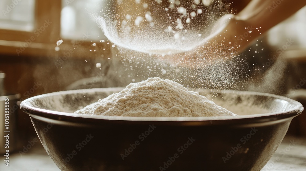 A slow-motion shot of flour being sifted into a bowl, capturing the fine texture and lightness of the flour as it falls gracefully into the mixing bowl. A slow-motion shot of flour being sifted into a bowl, capturing the fine texture and lightness of the flour as it falls gracefully into the mixing bowl.