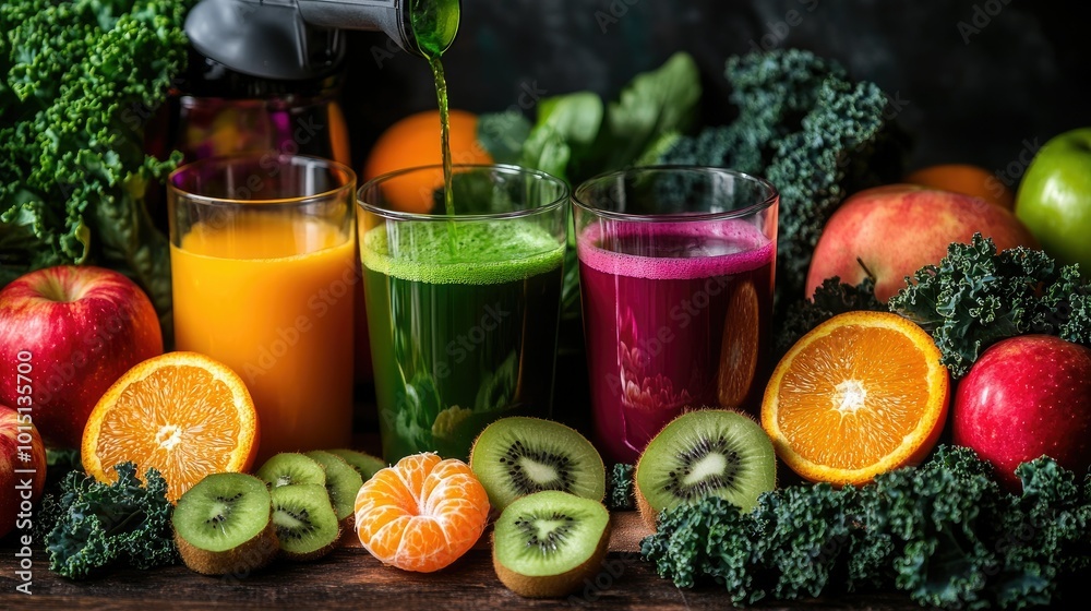 A vibrant display of assorted fruits like apples, oranges, and kale next to a juicer machine, with juice pouring into a stylish glass, highlighting healthy choices. A vibrant display of assorted fruits like apples, oranges, and kale next to a juicer machine, with juice pouring into a stylish glass, highlighting healthy choices.