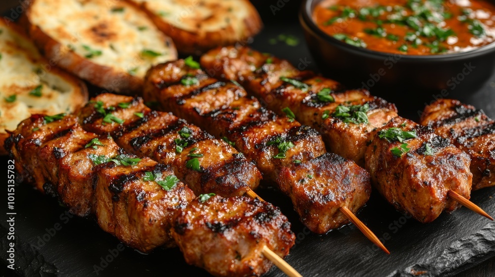 Flavorful Pork Satay Skewers with Dipping Sauce and Toasted Bread Flavorful Pork Satay Skewers with Dipping Sauce and Toasted Bread