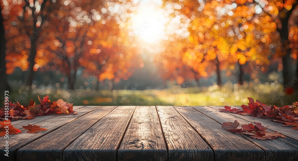 Rustic wooden table in a serene autumn landscape with vibrant orange and golden leaves Rustic wooden table in a serene autumn landscape with vibrant orange and golden leaves