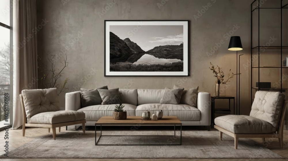 A stylish living room with a beige sofa, a round coffee table, and a large landscape photograph hanging above. The warm lighting and neutral tones create a cozy and inviting atmosphere A stylish living room with a beige sofa, a round coffee table, and a large landscape photograph hanging above. The warm lighting and neutral tones create a cozy and inviting atmosphere