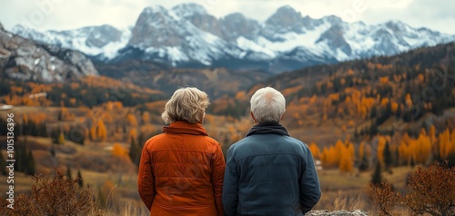 A senior couple on a crosscountry road trip, parked at a scenic overlook, admiring the majestic mountain range before them photo