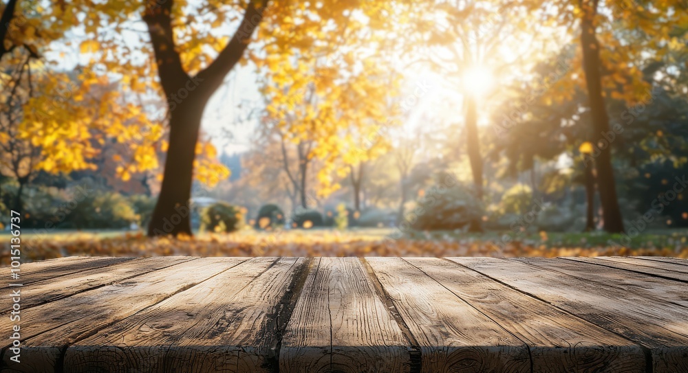 Wooden table with an autumn background showcasing vibrant fall foliage and warm sunlight filtering through the trees, creating a serene and inviting atmosphere perfect for seasonal or outdoor-themed Wooden table with an autumn background showcasing vibrant fall foliage and warm sunlight filtering through the trees, creating a serene and inviting atmosphere perfect for seasonal or outdoor-themed