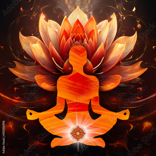 Root chakra meditation in yoga lotus pose, in front of Muladhara chakra symbol. Peaceful decor for kinesiology practitioners, massage therapists, reiki and chakra energy healers, yoga studios etc.
