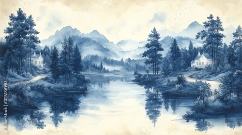Timeless Toile de Jouy Inspired Scenic Landscape with Serene Lake and Misty Mountains
