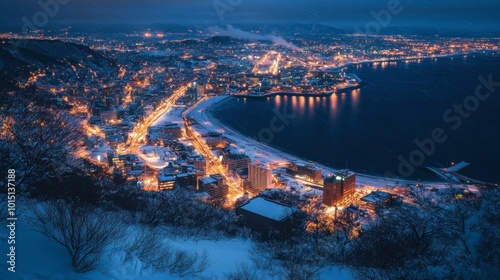 A breathtaking view of the Hakodate Night View, with the sparkling city lights stretching out along the coastline.