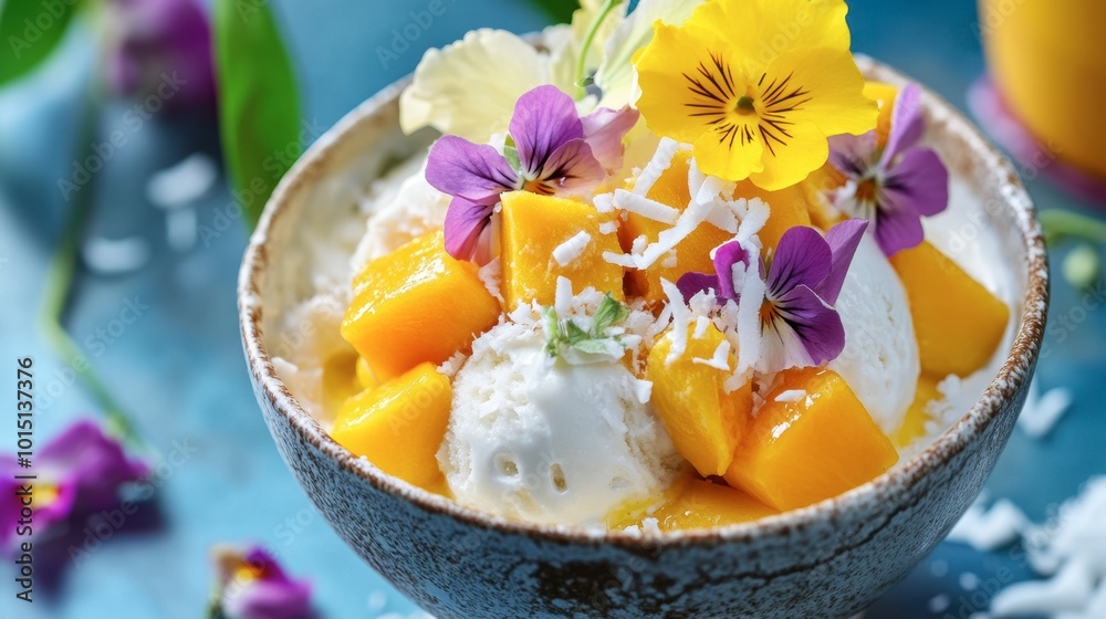 A bright, tropical ice cream sundae featuring coconut, passionfruit, and mango flavors, decorated with edible flowers. A bright, tropical ice cream sundae featuring coconut, passionfruit, and mango flavors, decorated with edible flowers.
