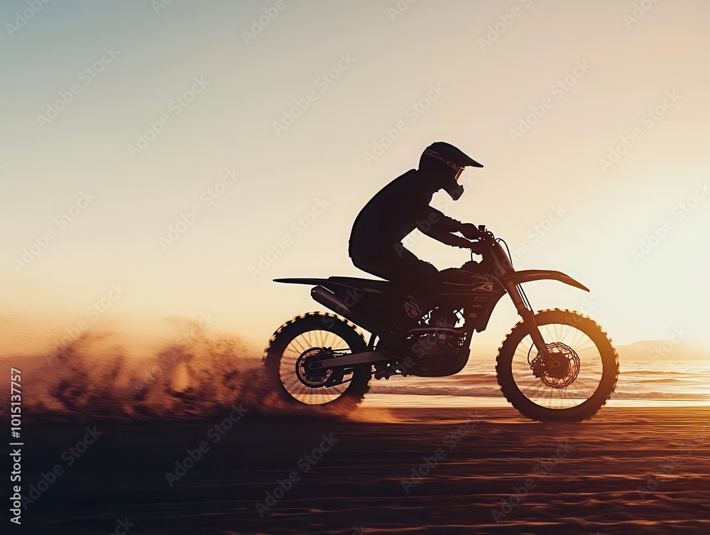 Motocross rider cruising on a beach at sunrise, waves crashing nearby, motocross, beach, sunrise Motocross rider cruising on a beach at sunrise, waves crashing nearby, motocross, beach, sunrise