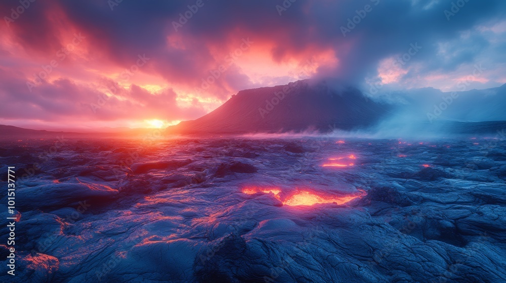 Vivid Twilight Over Stark Volcanic Moonscape With Barren Rocky Terrain and Lava Fields Vivid Twilight Over Stark Volcanic Moonscape With Barren Rocky Terrain and Lava Fields