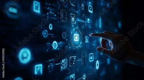 Digital Transformation: Hand selecting a central icon on a futuristic interface filled with glowing digital icons, representing innovation, technology, and progress.