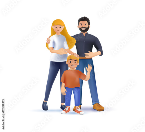 3D character vector illustration of a happy family, mother father son holding hands and hugging, complete prosperous