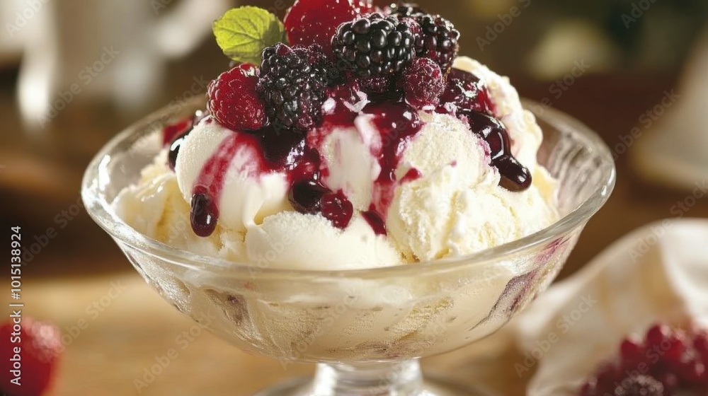 A classic sundae dish filled with creamy vanilla ice cream and topped with fresh fruit and a drizzle of berry sauce. A classic sundae dish filled with creamy vanilla ice cream and topped with fresh fruit and a drizzle of berry sauce.