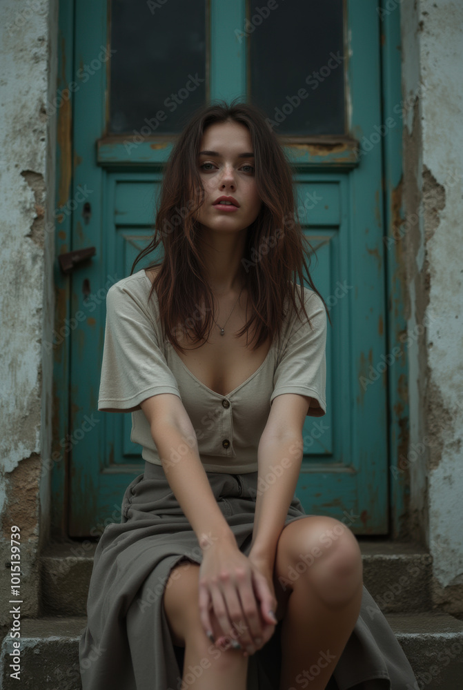 Fototapeta premium Girl sitting on the steps