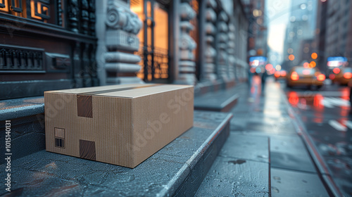 A cardboard parcel is left on the porch of an urban residence, with vibrant city lights and blurred traffic in the background. Careful delivery in city life. Copy space