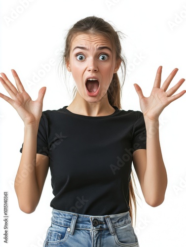 surprised, shocked, outraged young woman with disheveled, hair on white background, photo