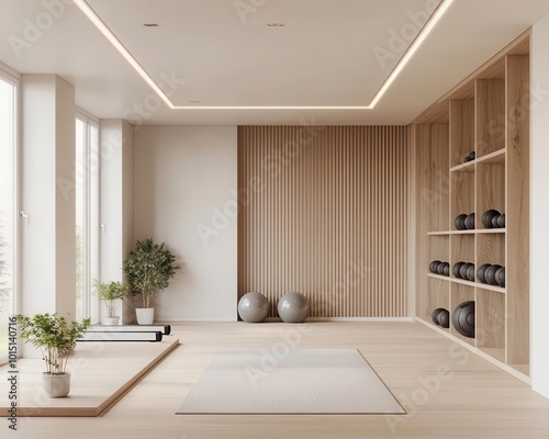 Minimalist fitness room with integrated shelving, white equipment, and linear ceiling lighting, fitness room, integrated shelving, linear lighting