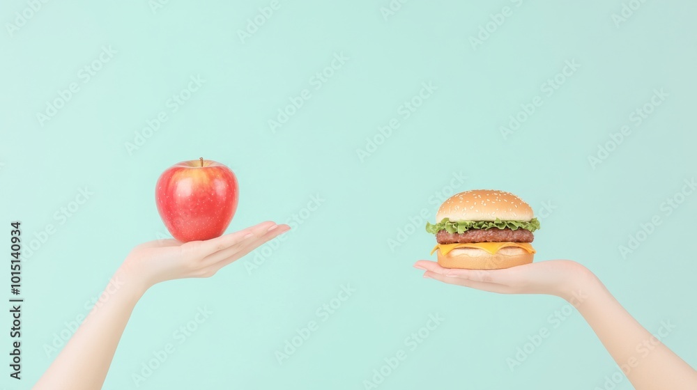 two hands holding an apple and a cheeseburger against a pastel blue background. two hands holding an apple and a cheeseburger against a pastel blue background.