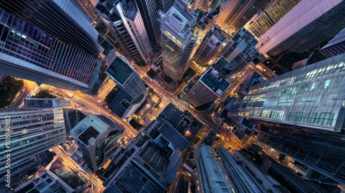 Bird's eye view from above, looking down between skyscrapers, high key lighting 