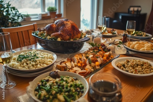 thanksgiving food on the dining table with turkey as the main dish