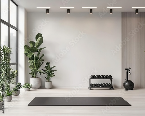 Minimalist home gym with sleek black equipment, white walls, and recessed ceiling lights, home gym, sleek, recessed lighting