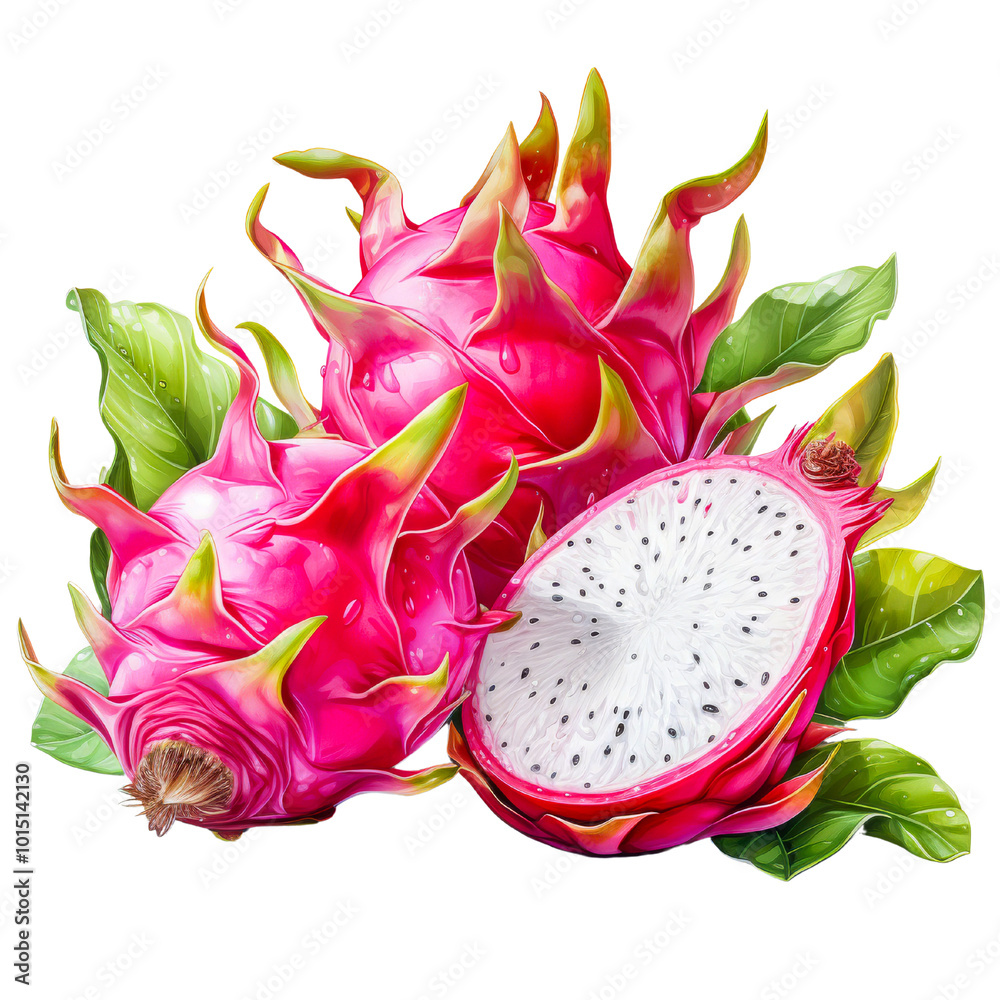 A vibrant illustration of dragon fruit with a sliced half showing its white, speckled interior, surrounded by fresh green leaves, against a white background A vibrant illustration of dragon fruit with a sliced half showing its white, speckled interior, surrounded by fresh green leaves, against a white background