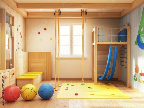 children's room, hall for sensory, sports development of children, physical training exercises, motor skills development, with sports equipment, photo, 3d rendering photo