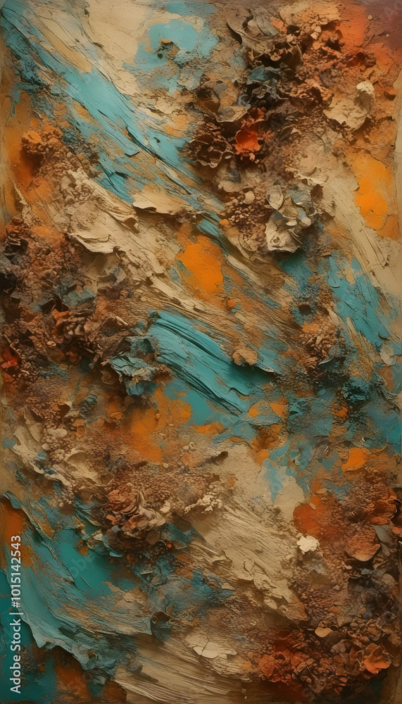 An abstract textured artwork featuring swirling patterns in turquoise, orange tones. The surface appears layered and three-dimensional, resembling natural elements like rocks or coral formations. An abstract textured artwork featuring swirling patterns in turquoise, orange tones. The surface appears layered and three-dimensional, resembling natural elements like rocks or coral formations.