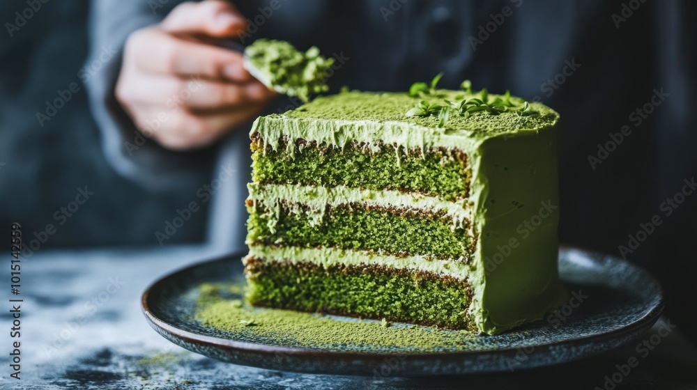 A matcha layer cake with rich, creamy frosting and a sprinkling of matcha powder for a vibrant, green presentation. A matcha layer cake with rich, creamy frosting and a sprinkling of matcha powder for a vibrant, green presentation.