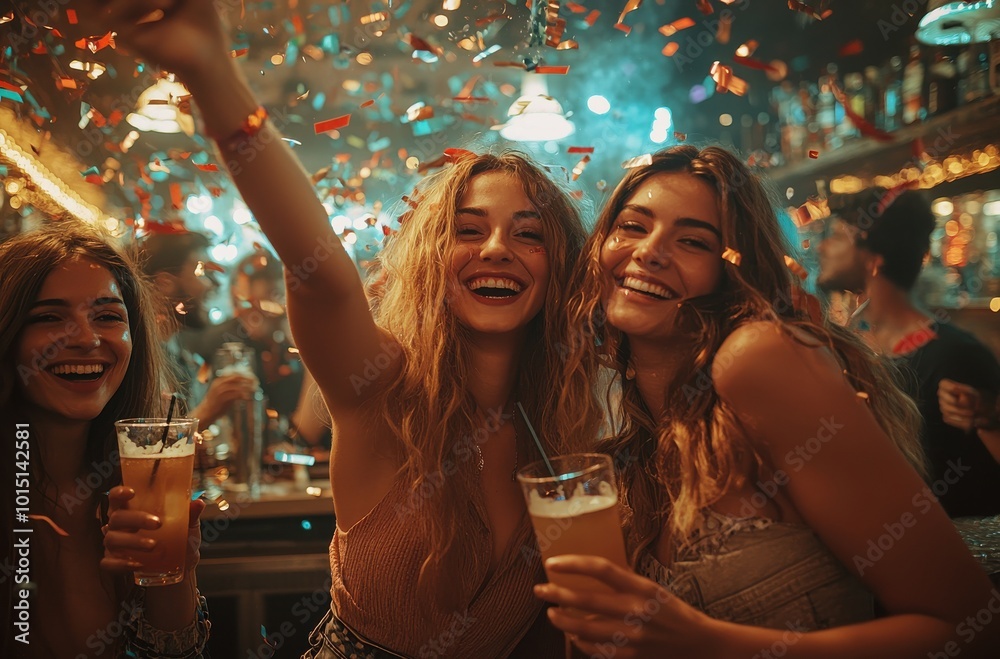 Group of friends joyfully celebrating at a lively bar with drinks and confetti Group of friends joyfully celebrating at a lively bar with drinks and confetti