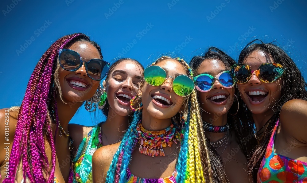 A vibrant group of friends sharing joy under a clear blue sky with colorful long braids and cheerful outfits, expressing happiness and togetherness. A vibrant group of friends sharing joy under a clear blue sky with colorful long braids and cheerful outfits, expressing happiness and togetherness.
