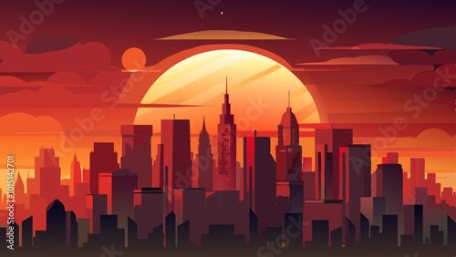 A dramatic sunset over a city skyline, with the sun appearing as a large, bright orange orb in the sky. The cityscape is silhouetted against the fiery orange and red hues of the sky, creating a striki