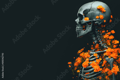 Spooky skeleton adorned orange flowers in black background. Eerie Halloween decor with macabre and beauty. Halloween celebration and artistic interpretation of death. Banner, poster, card, copy space